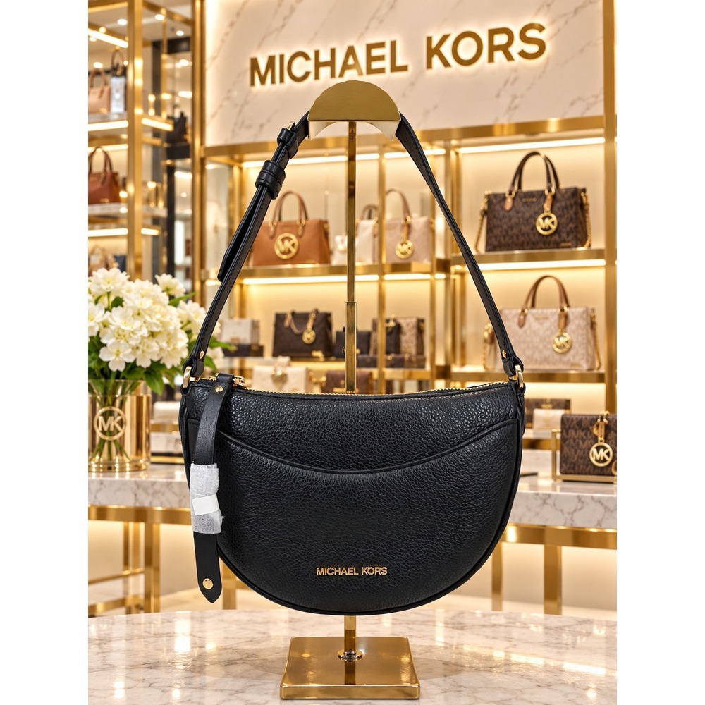 Michael Kors Dover Small Half Moon Leather Crossbody Bag Black 35R3G4DC5L